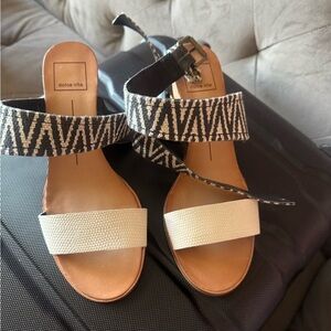 Dolce Vita Black & White Patterned Ankle-Strap Sandals with Cream Toe Band